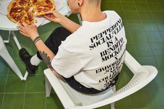Person with tattoos eating pizza, wearing T-shirt with text print, sitting on a white chair. Ideal for mockup design showcasing fonts, apparel graphics, or templates.