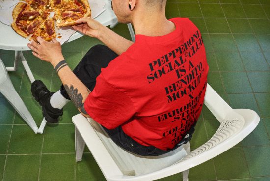 Man with tattooed arm eating pizza while wearing a red shirt with black text on the back, sitting on a white chair. Mockup suitable for designers.