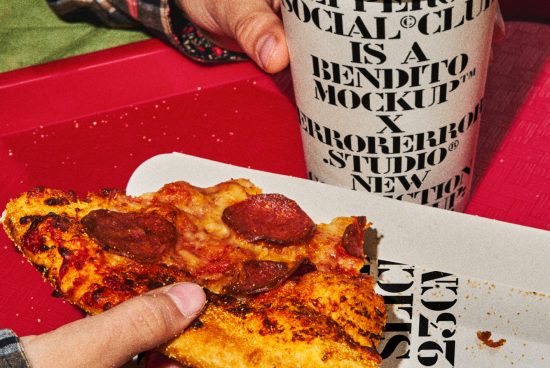 Mockup featuring a hand holding a slice of pepperoni pizza with a takeaway cup displaying bold, eclectic typography, ideal for designers. Keywords: mockup, typography, pizza.