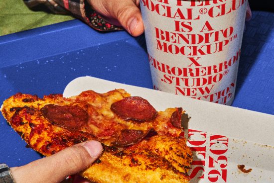 Mockup showing a close-up of a hand holding a slice of pepperoni pizza and a beverage cup with bold typography. Ideal asset for designers working on food-related graphics.