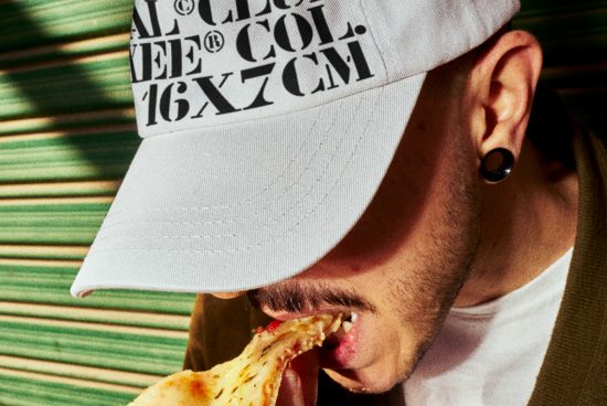 Man wearing a white typography hat and eating pizza. Image for use in graphic design, mockups, templates, and promotional material. Designer resources.