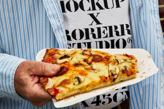 Person in striped shirt holding slice of mushroom pizza in front of t-shirt with bold typography mockup for digital asset designers graphics templates fonts