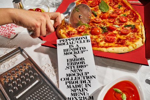 Pizza mockup featuring a hand holding a pizza cutter, bold text on a white card, perfect for showcasing graphic design projects. Ideal for designers needing realistic presentation.