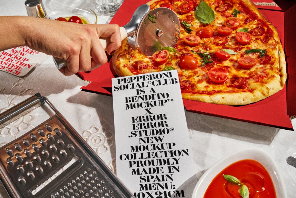 Hands holding pizza cutter over pepperoni pizza with white menu mockup on red surface