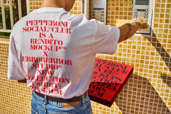 Person wearing a white T-shirt with red text graphic design holding a red pizza box mockup. Ideal for designers seeking trendy T-shirt mockups.