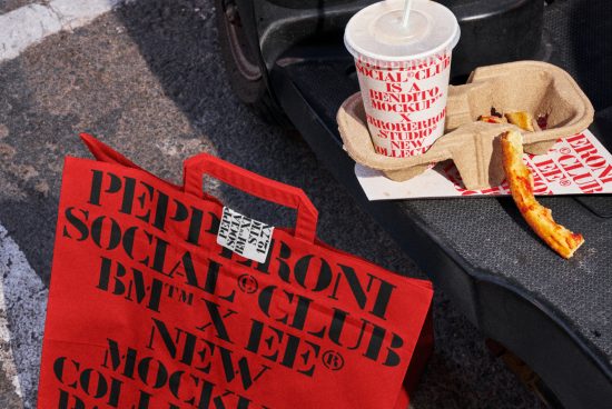 Realistic takeaway food mockup featuring red bag with bold black typography next to drink and food tray; suitable for designers seeking trendy graphics.