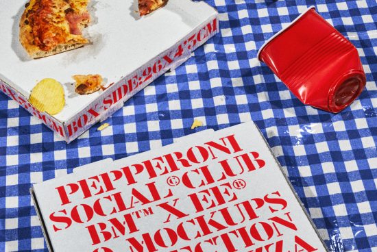 Pizza box with red typography on a checkered tablecloth, open box shows pizza slice and chips, red container nearby. Keywords: mockups, templates, design.