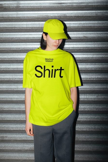 Mockup of a person wearing a neon yellow shirt and cap against a metal backdrop suitable for designers creating apparel and accessory templates on Marketplace.