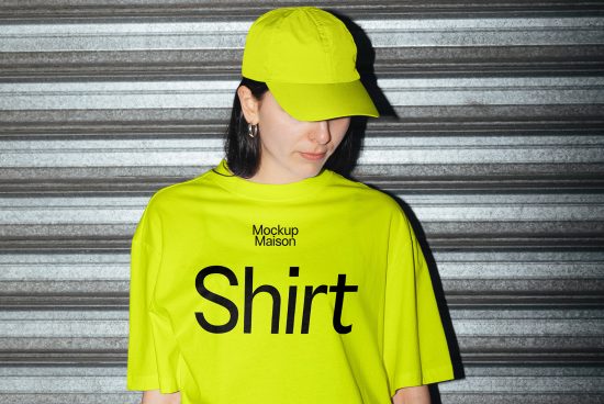 Model wearing bright yellow t-shirt with large text print and matching baseball cap in front of a metal shutter background perfect for apparel mockup designers.