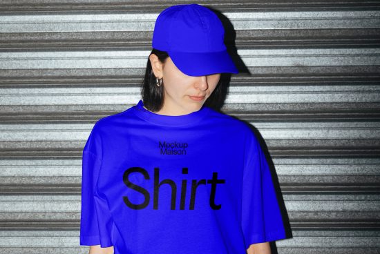 Woman in blue shirt and cap, standing in front of a metal background. Design mockup for T-shirt graphics. Ideal for showcasing apparel designs in graphic templates.
