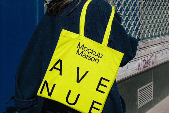 Person carrying a bright yellow tote bag with text Mockup Maison AVENUE, ideal for tote bag mockups, fashion mockups, and branding design assets.