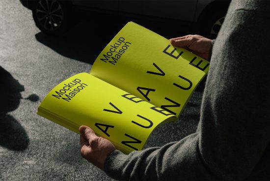 Person holds a bright yellow book with bold black text reading Mockup Maison and AVENUE. Ideal for graphic design, book mockups, print templates.