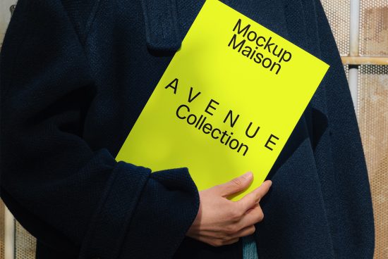 Person holding a neon yellow mockup folder with the title Mockup Maison Avenue Collection, designed for digital assets and templates targeting designers.