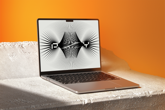 Laptop mockup showcasing an abstract graphic design on the screen. Ideal for showcasing digital assets, templates, and design presentations.