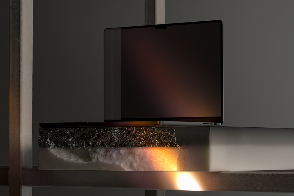Laptop with blank screen positioned on shelf with dramatic lighting below