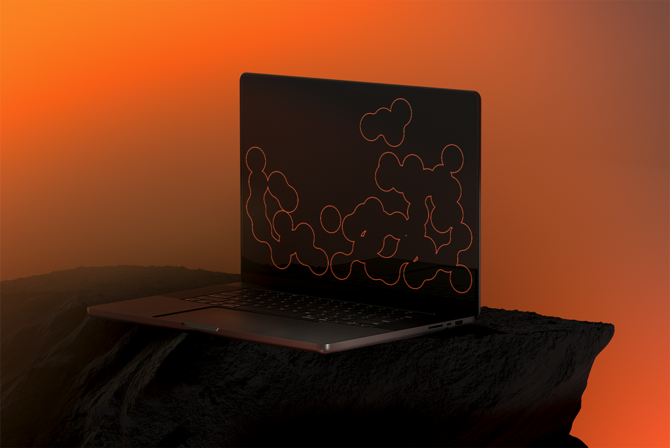 Laptop mockup with neon orange abstract line art on black screen against warm gradient background