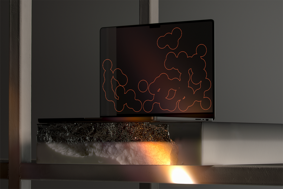 Laptop screen showing orange line-drawn character outlines on dark background