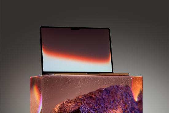 Mockup representing a sleek laptop with an abstract gradient screen atop a reflective surface with a rock texture, ideal for digital design presentations.