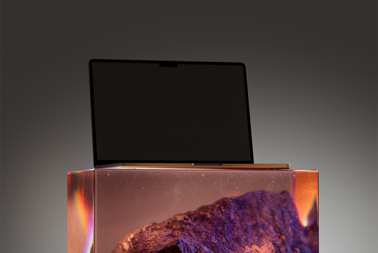 Laptop mockup with blank screen on a colorful illuminated pedestal with a dark gradient background. Use for showcasing website designs and digital content.