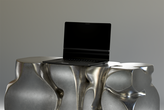 Laptop mockup on abstract metallic table with blank screen space for designers, ideal for presentations, templates, graphics, and design projects.