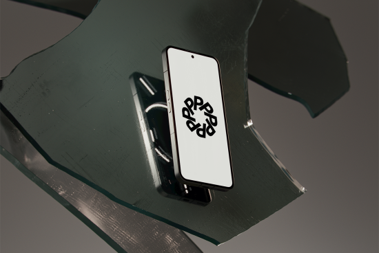 Smartphone mockup resting on a broken glass surface with a designer logo on display ideal for digital assets for designers keywords Mockups Templates.