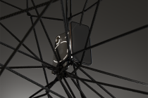 Smartphone mockup tangled in black cords with neon glow effects on dark background