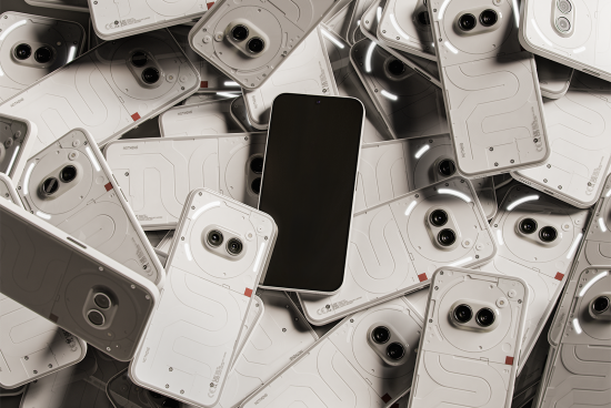 Top view of modern smartphones in a pile showcasing camera and design elements. Ideal for mockups, tech-related templates, and graphic design concepts.