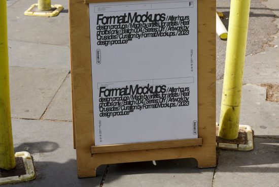 Mockup poster on a wooden stand in an outdoor urban environment, featuring black text promoting Format Mockups for designers. Keywords: Mockups, Design, Poster.