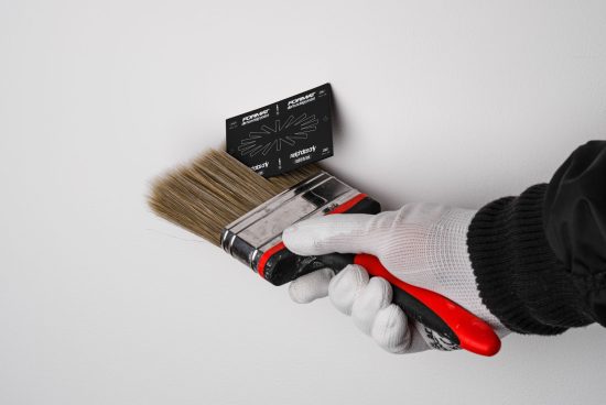 Person in gloves holding paintbrush against white wall next to black card; designer workspace tools image; suitable for mockups and graphics categories.