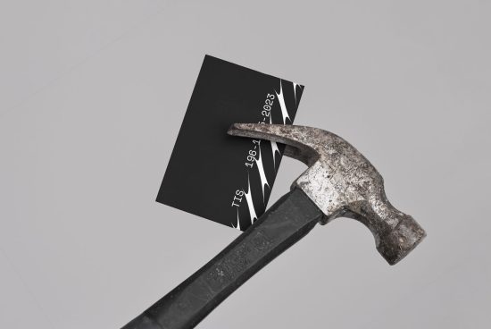 Business card mockup featuring a hammer, isolated on a gray background. Ideal for graphic designers' professional marketing materials on digital asset marketplaces.