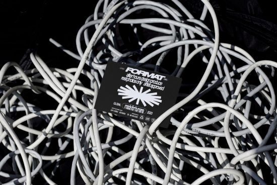 Messy white cables with a cluttered black tag showcasing various text and graphics. Ideal for designers seeking high-resolution images and graphics for creative projects.