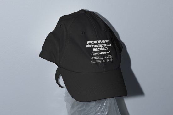 Black baseball cap with white text printed on the front suitable for branding mockups perfect for showcasing logo designs and apparel templates.