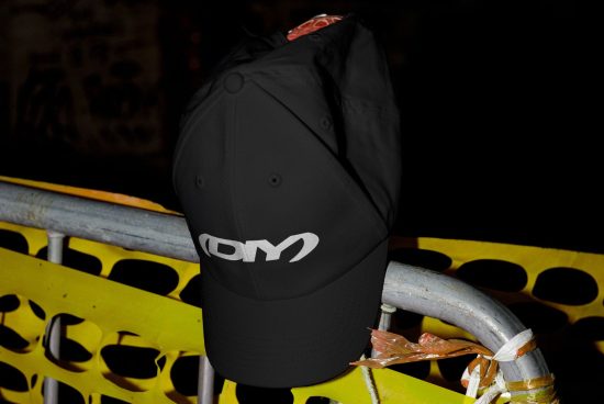 Mockup of a black baseball cap with white logo on front, displayed over a yellow construction barrier. Perfect for showcasing branding in casual settings.