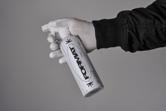 Hand wearing a white glove holding a spray bottle with a minimalist modern label design. Suitable for graphic and mockup purposes in digital design assets.