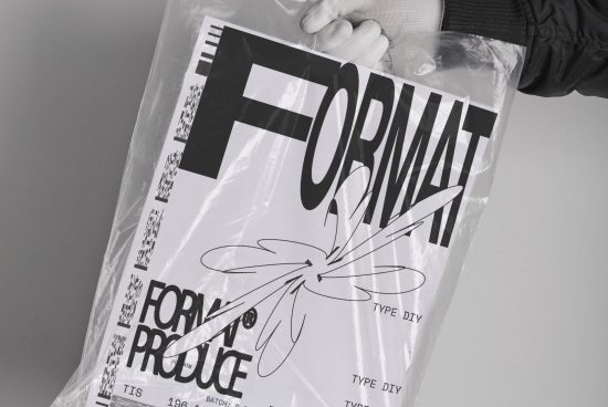 Mockup of a gloved hand holding a poster in plastic packaging with bold typography reading FORMAT; versatile graphic design asset for designers.