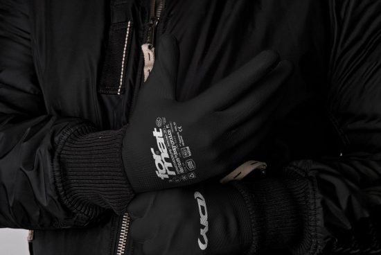 Close-up of a person wearing black tactical gloves and a black jacket with zippers, ideal for apparel mockups and fashion design inspiration for designers.