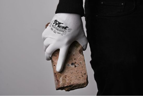 Close-up of a person wearing a white protective glove holding a brick against a gray background. Ideal for construction mockups, safety gear graphics.