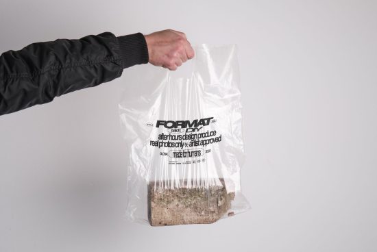 Mockup: Hand holding transparent plastic bag with black text for design project presentations. Ideal for showcasing logos and packaging designs in real context.