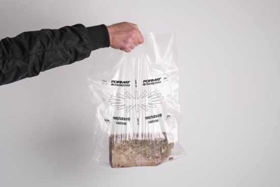 Clear plastic bag mockup held by a hand in a black sleeve, showcasing branding and graphic design elements for designers looking for customizable graphics