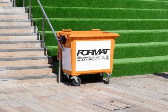 Orange bin with Format logo on wheels, placed next to green artificial grass steps. Ideal for urban mockup projects, street design, and advertising templates.