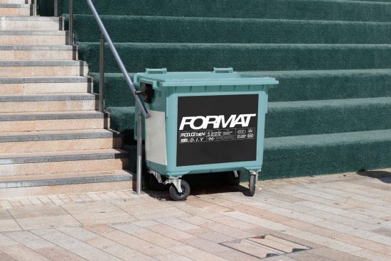 Outdoor green waste bin in urban setting mockup template for designers, positioned next to steps with green carpet, useful for design projects and branding.
