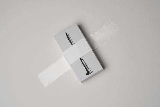 Minimalist packaging mockup with a silver box secured by white tape featuring a black screw graphic, perfect for showcasing branding or design templates.