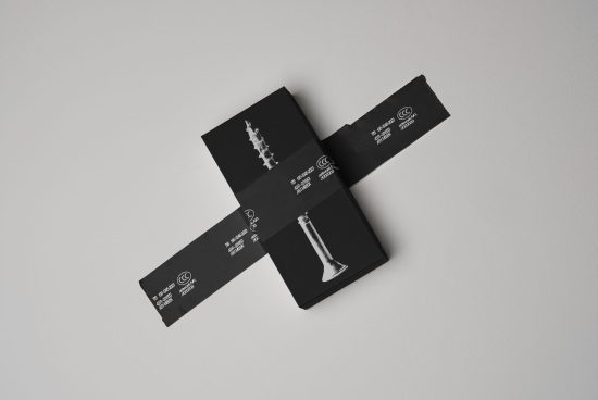 Black packaging with white text bands forming an X shape on light grey background. Suitable for designers looking for high-quality mockups and graphics.