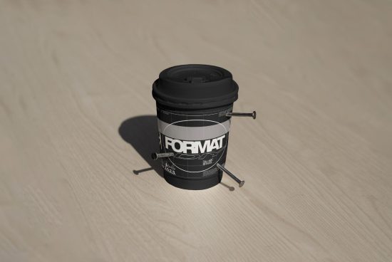 Disposable coffee cup with black lid and design, nailed to wooden surface. Keywords: coffee cup mockup, digital assets, design template, graphic design, branding.