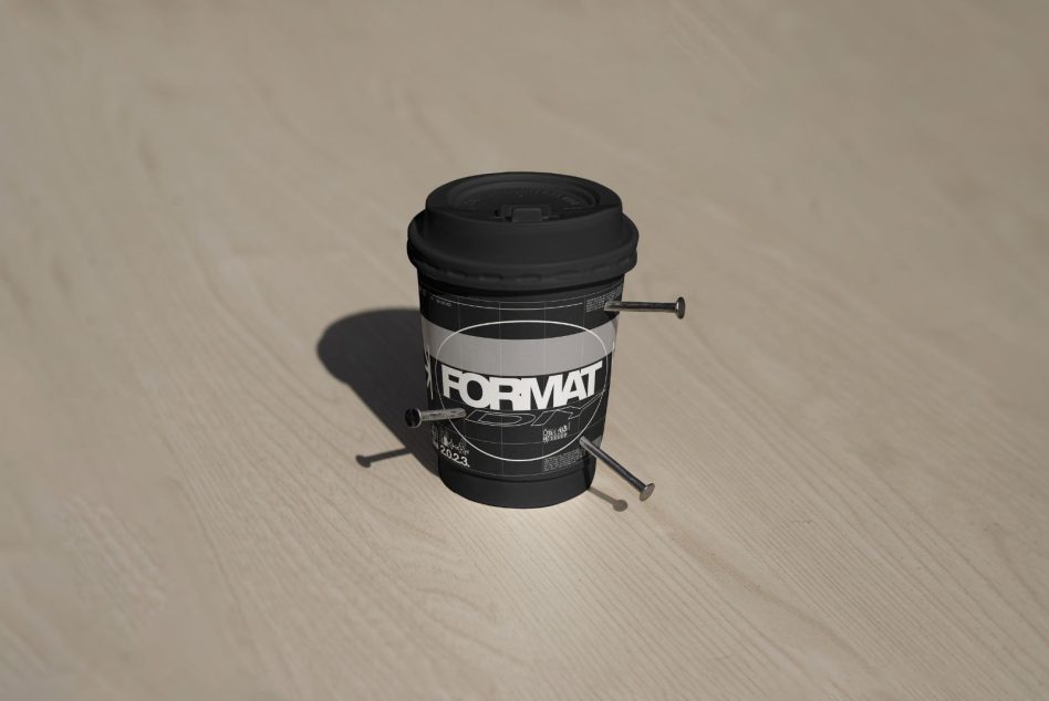 Black takeaway cup mockup with Format branding shown in 3D render