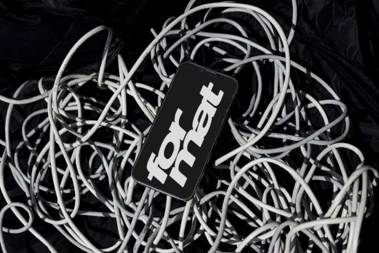 Mobile phone mockup on messy black and white cables background ideal for showcasing app designs digital assets for designers technology-themed mockups.