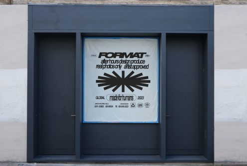 Poster for Format featuring text and geometric design, displayed on a building facade. Keywords: Mockup, Poster Design, Graphic Template, Banner Mockup For Designers.