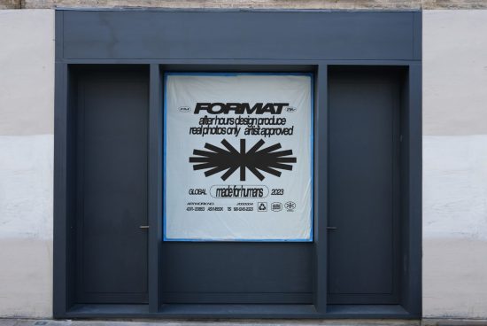 Poster for Format featuring text and geometric design, displayed on a building facade. Keywords: Mockup, Poster Design, Graphic Template, Banner Mockup For Designers.