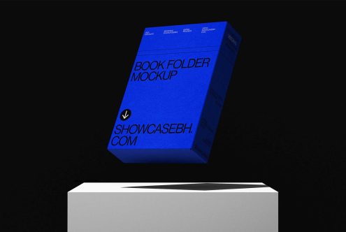 Book folder mockup in blue with text showcasebh.com suitable for designers seeking professional branding mockups for display or presentation purposes.