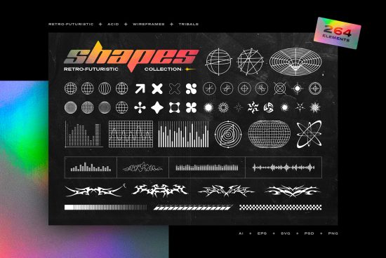 Retro-futuristic shapes collection offers 264 design elements for designers. Includes wireframes, tribals, and more. Available in AI, EPS, SVG, PSD, PNG formats